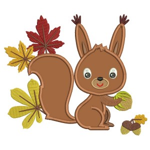 Cute Little Squirrel With Leaves Applique Machine Embroidery Design Digitized Pattern